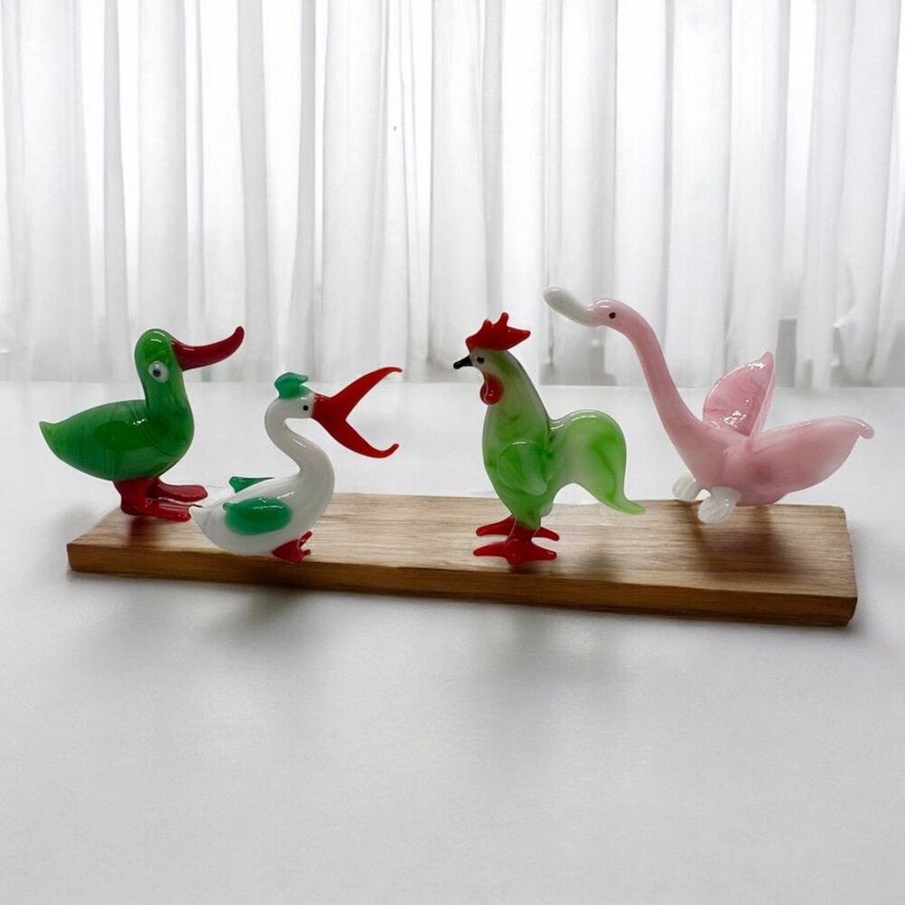 Miniature Art Glass Birds-Set of 4-Murano Style-Swan-Rooster-Duck-Pelican-VTG